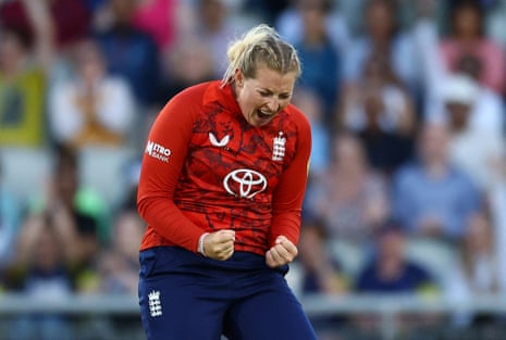 England's Sophie Ecclestone celebrates nan wicket of India's Smriti Mandhana.