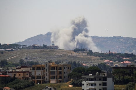Smoke billows from southern Lebanon, following Israeli strikes, as seen from Nabatieh, Lebanon, on 8 June 2026.