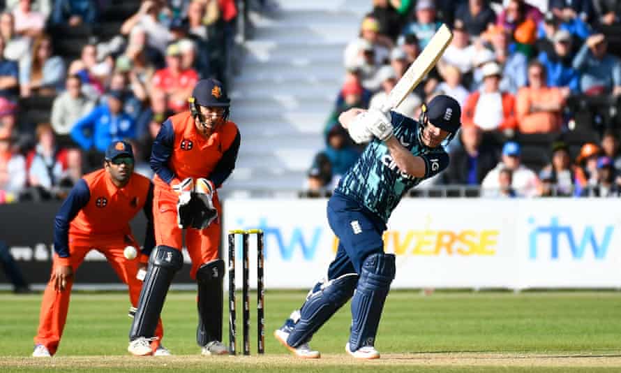 England captain Eoin Morgan on his way to a seven-ball duck against the Netherlands