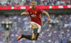 Zlatan Ibrahimovic celebrates after scoring the winning goal for Manchester United.