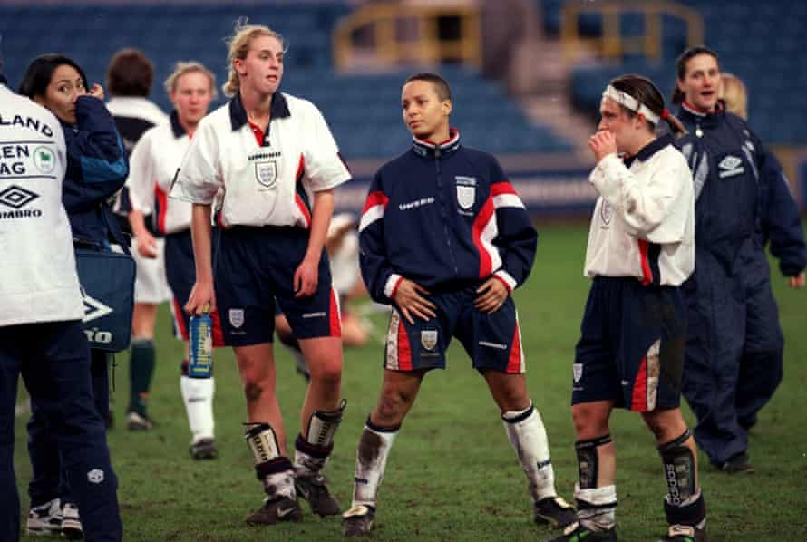 Hope Powell stretches after playing against Germany for England in March 1998