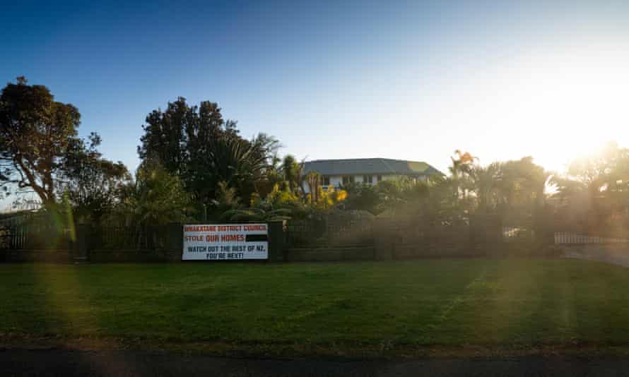 A sign in the New Zealand town of Matatā reads ‘Whakatane district council stole our homes. Watch out the rest of NZ, you’re next!’