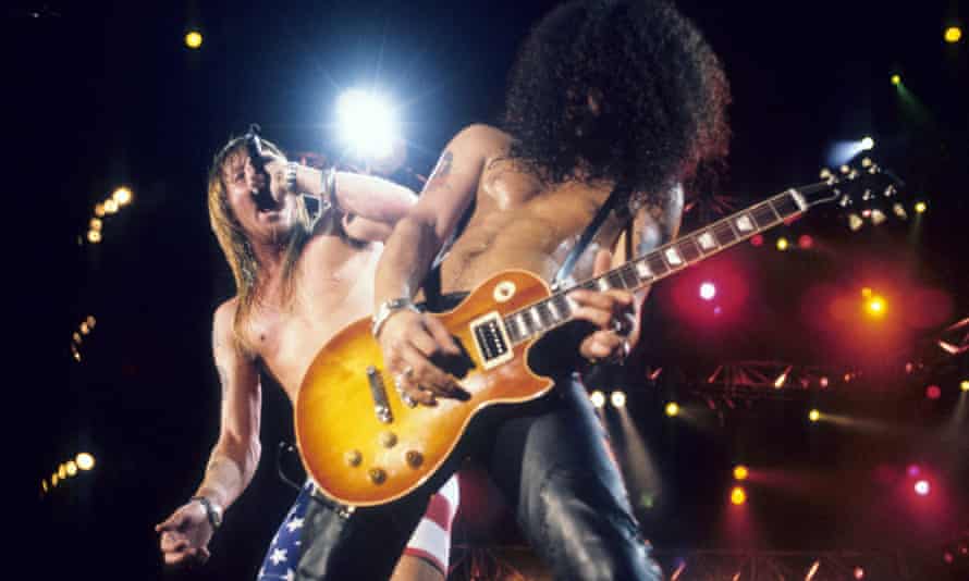 Axl Rose and Slash of Guns N' Roses in Brazil in 1991.