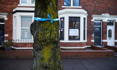 Blue ribbons tied to the trees to mark the highest flood mark in Warwick Avenue in Carlisle.