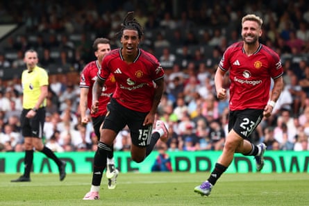 Leny Yoro celebrates a goal later credited to Fulham’s Rodrigo Muniz