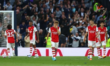 Arsenal’s Martin Odegaard and Granit Xhaka look dejected with team-mates after Harry Kane scored his, and Spurs’ second goal.