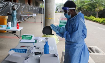 A health worker at a makeshift Covid testing clinic in Port Moresby this year