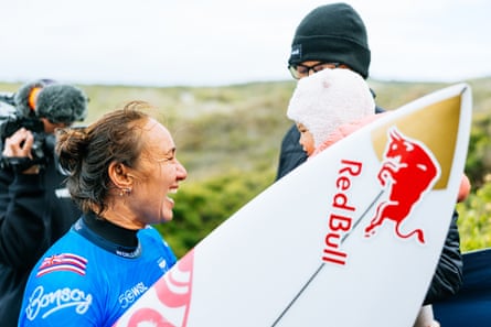 Carissa Moore at Bells Beach after winning her first heat back on the tour