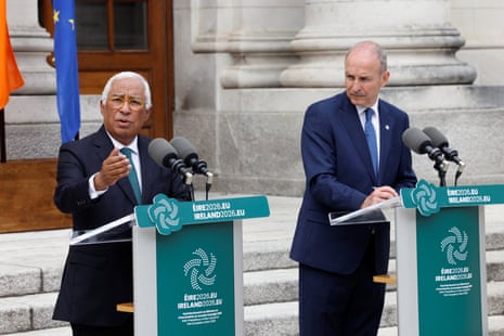 European Council president António Costa speaking to the media with Ireland’s prime minister (taoiseach) Micheál Martin ahead of a ceremony to mark Ireland’s takeover of the presidency.
