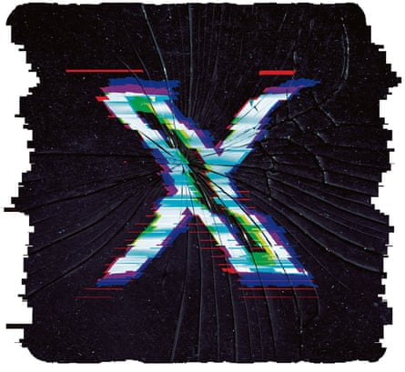 Graphic image of an X-like logo behind a shattered smartphone screen.