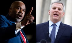 A composite of two images, with a Black man in a suit and red tie on the left, and a white man in a suit and blue tie on the right, both appearing to speak into microphones.