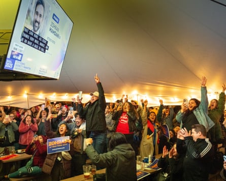 New Yorkers celebrate as NY1 projects Mamdani’s win, at the Bohemian Hall & Beer Garden in Queens.