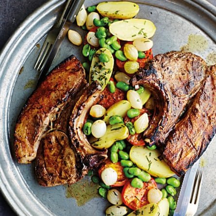 Pork chops with tomato, sage and broad beans.