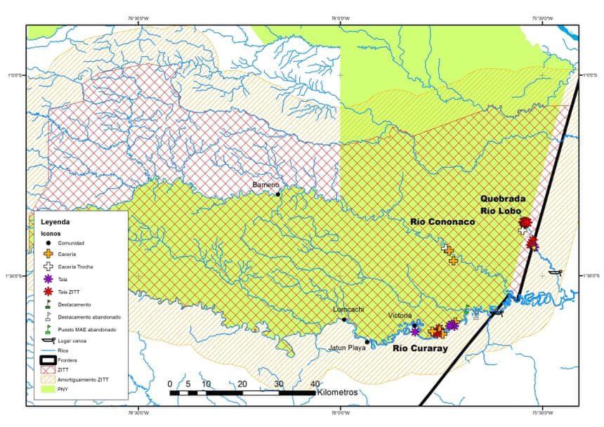 Map showing points where the reconnaissance trip found evidence of logging, marked by red stars, and hunting, marked by crosses. The black line is the Ecuador-Peru border, with Ecuador to the west and Peru to the east. Photograph: Fundación Alejandro Labaka, Acción Ecológica, Land is Life