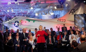 Hillary Clinton addresses the Commander-in-Chief Forum held on board the decommissioned aircraft carrier Intrepid in New York.