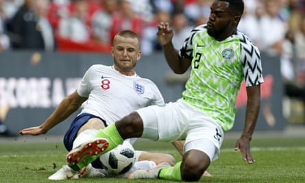 Bryan Idowu tackles England’s Eric Dier at Wembley.