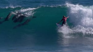Hawaiian surfer Gabriela Bryan shared a wave with a pod of dolphins as she won her first WSL tour event over Californian rookie Sawyer Lindblad in pumping surf at the Margaret River Pro in Western Australia