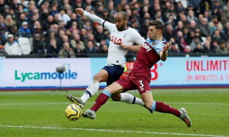 Tottenham Hotspur’s Lucas Moura beats West Ham’s Aaron Cresswell to the ball to score their second goal.