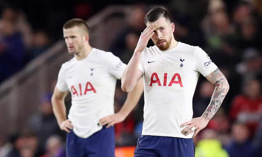 Spurs’ Eric Dier (left) and Pierre-Emile Hojbjerg look dejected after going behind.