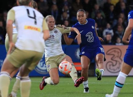 Chelsea's Lauren James scores her side's fifth goal of the game during the Barclays Women's Super League match against Leicester City at Kingsmeadow.