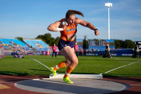 Jessica Schilder leads in the women's shot put final.