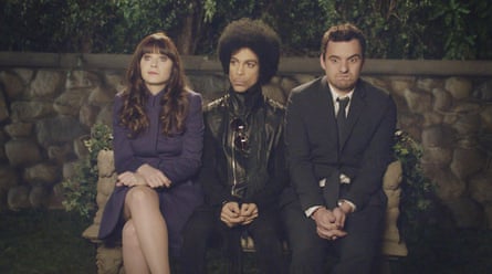 Zooey Deschanel, Prince and Jake Johnson in New Girl.