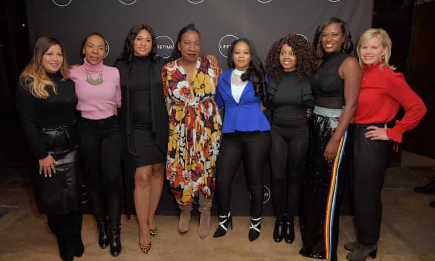 (L-R) Lizzette Martinez, Andrea Kelly, Lisa Van Allen, Tarana Burke, Kitti Jones, Jerhonda Pace, Asante McGee and Gretchen Carlson attend the later-cancelled premiere of Surviving R Kelly at Neuehouse NY, New York City, 4 December 2018.