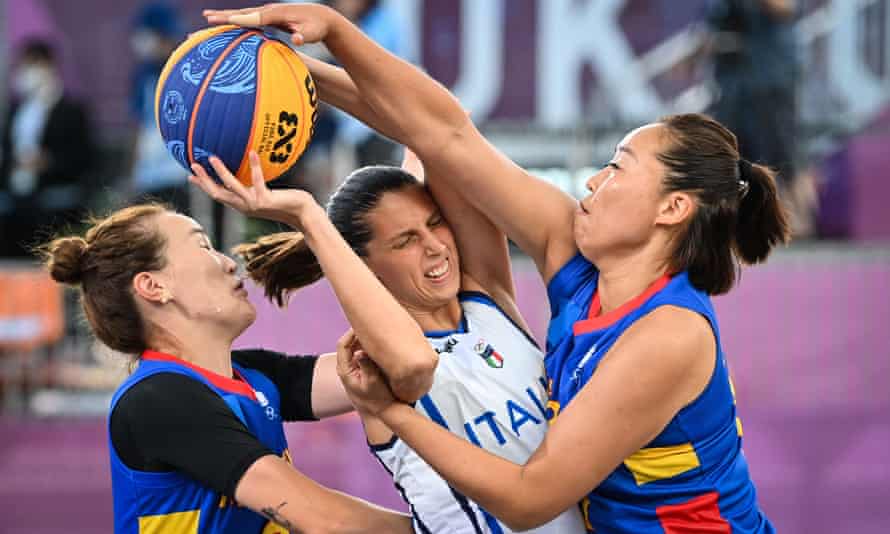 Italy face Mongolia in a 3x3 basketball match at the Aomi Urban Sports Park