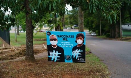 US-HEALTH-VIRUS-VACCINE-PANDEMIC-POLITICS<br>A sign encouraging COVID-19 vaccination is seen outside a park on June 30, 2021, in Birmingham, Alabama. - A black minority suspicious of vaccines in general, and conservative white rural people convinced that the vaccine is more dangerous than Covid-19: Alabama and several southern states in the United States have among the lowest vaccination rates, making this deprived region an Achilles heel in the face of the coronavirus. (Photo by Elijah Nouvelage / AFP) (Photo by ELIJAH NOUVELAGE/AFP via Getty Images)