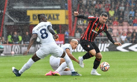 Bournemouth’s Joe Rothwell gets the better of Spurs’ Yves Bissouma and Richarlison.