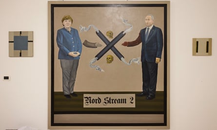 A painting depicting Angela Merkel and Vladimir Putin flanking a shape that recalls a swastika. The words Nord Stream 2 are rendered in Gothic script below. 