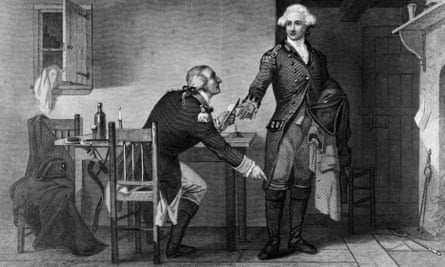 Benedict Arnold persuades Major Andre to conceal papers, to be sent to the British to enable them to capture West Point, in his boot.
