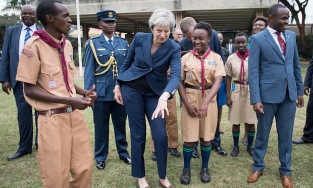 In Britain’s interests? Theresa May breaks into dance during a meeting with scouts in Nairobi last week