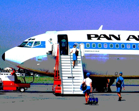 Stylised colourised image from a photo of cabin crew boarding a Pan AM 707 in Rome, Italy.