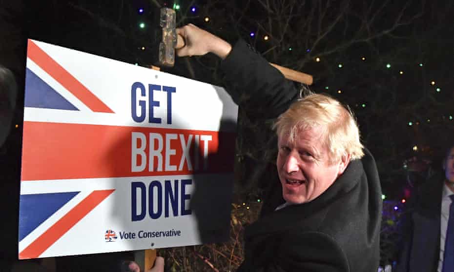 Boris Johnson puts up a Get Brexit Done sign, 11 December 2019.