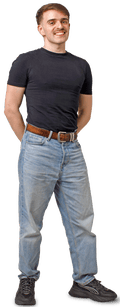 Colman in black T-shirt, jeans and black trainers