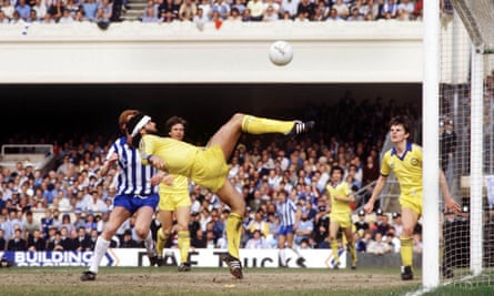 Foster clears off the line in the 1983 semi-final against Sheffield Wednesday. Brighton won 2-1 at Highbury.