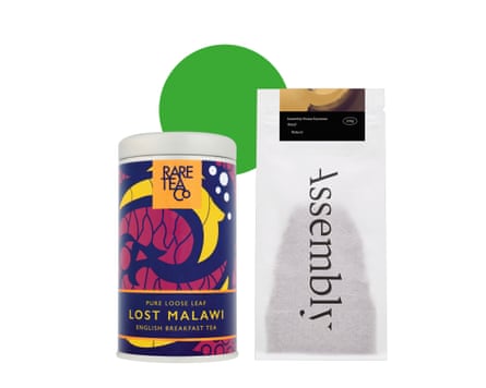 A tin of loose leaf tea and a bag of coffee.