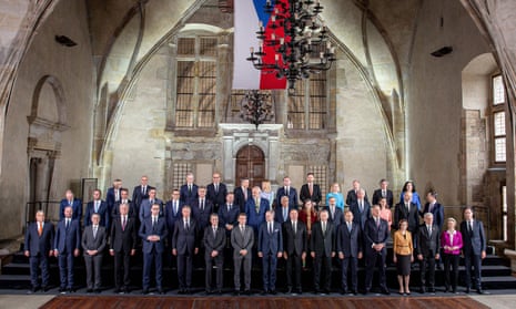 Leaders pose for a group photo at the first European Political Community meeting at Prague Castle.