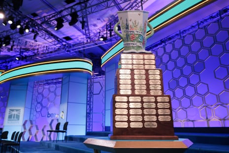 The Scripps National Spelling Bee trophy is displayed at the Gaylord National Resort and Convention Center on Thursday night.