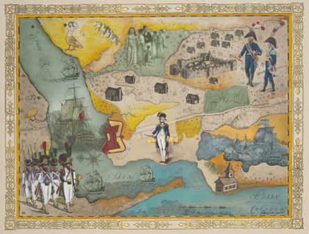 A hand-drawn map of land parted by a river shows people in military uniform
