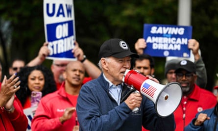 President Joe Biden addresses striking members of the United Auto Workers (UAW) union at a picket line outside a General Motors plant in Belleville, Michigan, in 2023.