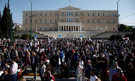 Protesters in front of parliament in Athens during a 24-hour strike last month