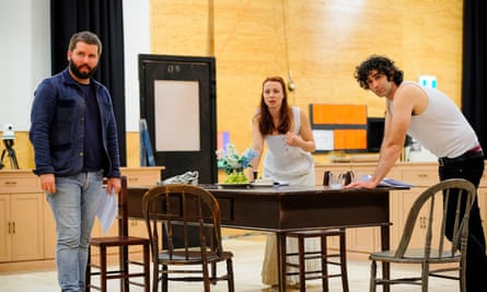 Actors Mark Leonard Winter and Robin McLeavy in discussion with director Kip Williams in rehearsals for Melbourne Theatre Company’s Miss Julie, 2016.