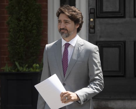 Canadian prime minister Justin Trudeau walks to the podium for a news conference outside Rideau Cottage in Ottawa, on Monday, 29 June, 2020.