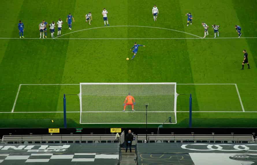 Jorginho of Chelsea takes and scores a penalty to give Chelsea the only goal of the game during the Tottenham Hotspur v Chelsea Premier League match at the Tottenham Hotspur Stadium on February 4th 2021.