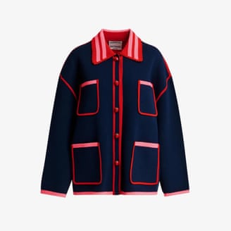 Navy, red and pink fine-knit cardigan