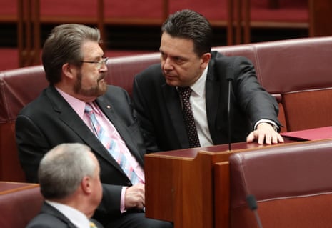 Senators Derry Hinch and Nick Xenophon during the final moments of the media reform debate
