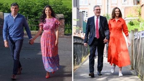 Rishi Sunak and Keir Starmer cast votes with their wives – video 