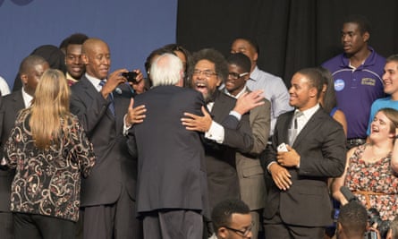 Bernie Sanders and Dr Cornel West share a hug following Sanders’ speech at the historic black Benedict college in Columbia, South Carolina.